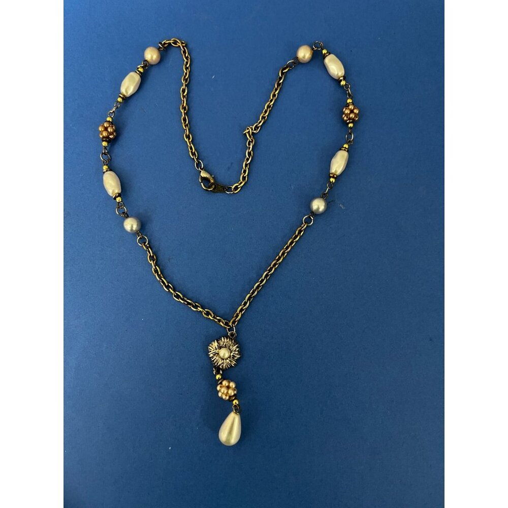 Vintage Necklace Antiqued Brass Pearl Drop Necklace 21"